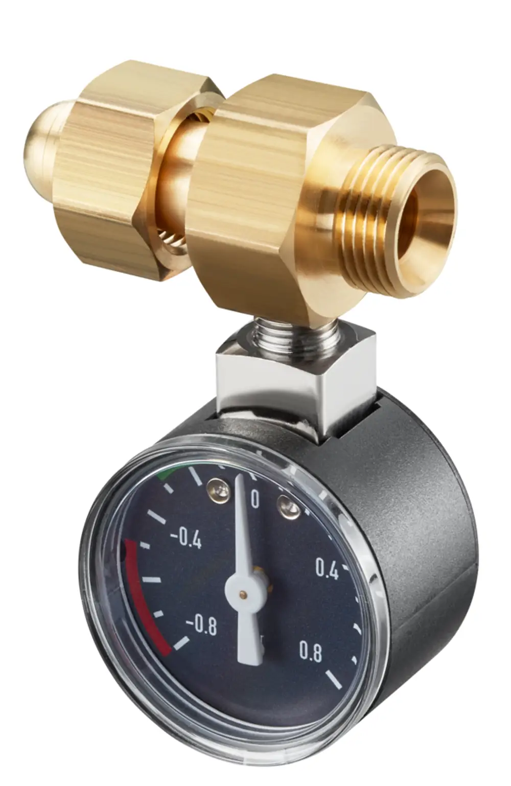 Unterdruckmanometer mit brass-farbigen Anschlussstücken für G 3/8 ÜM und G 3/8 Innenkonus. Oventrop-Produkt mit deutlich ablesbarem Skala und schwarzem Gehäuse.